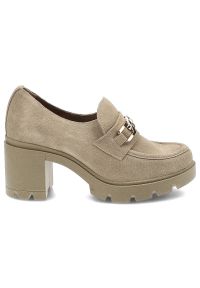 Beżowe Półbuty Lemar Wygodne Skórzane Buty. Okazja: na co dzień. Kolor: beżowy. Materiał: skóra. Wzór: aplikacja. Obcas: na obcasie. Styl: casual, rockowy, elegancki. Wysokość obcasa: średni
