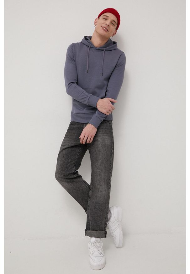 Jack & Jones bluza męska z kapturem gładka. Typ kołnierza: kaptur. Kolor: niebieski. Materiał: dzianina. Wzór: gładki