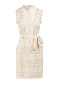 Born2be - Jasnobeżowa Sukienka Lastharpia. Kolor: beżowy. Materiał: tkanina, materiał, koronka. Długość rękawa: bez rękawów. Wzór: jednolity, koronka. Typ sukienki: rozkloszowane. Styl: boho. Długość: mini #3