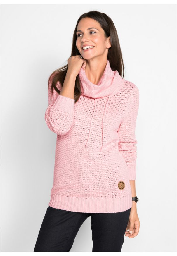 bonprix - Sweter z golfem z troczkami. Typ kołnierza: golf. Kolor: różowy. Materiał: skóra. Wzór: aplikacja
