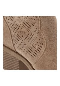 Beżowe Botki S.Barski Ażurowe Kowbojki Damskie. Kolor: beżowy. Materiał: jeans, materiał. Wzór: ażurowy. Obcas: na obcasie. Wysokość obcasa: średni #3