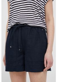 TOMMY HILFIGER - Tommy Hilfiger szorty lniane kolor granatowy gładkie high waist. Stan: podwyższony. Kolor: niebieski. Materiał: len. Wzór: gładki
