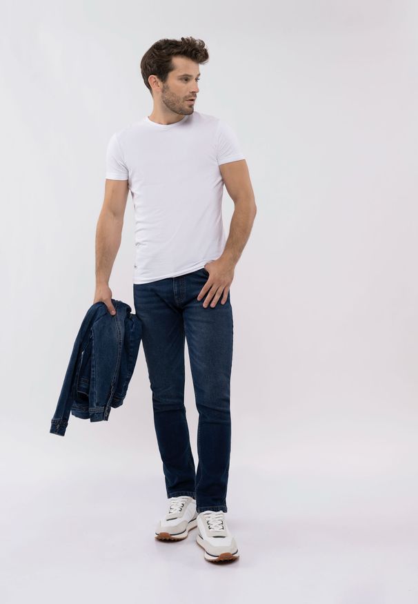 Volcano - Jeansy męskie, Slim Fit, D-DEXTER 50. Okazja: na co dzień. Kolor: niebieski. Wzór: paski. Styl: casual, sportowy