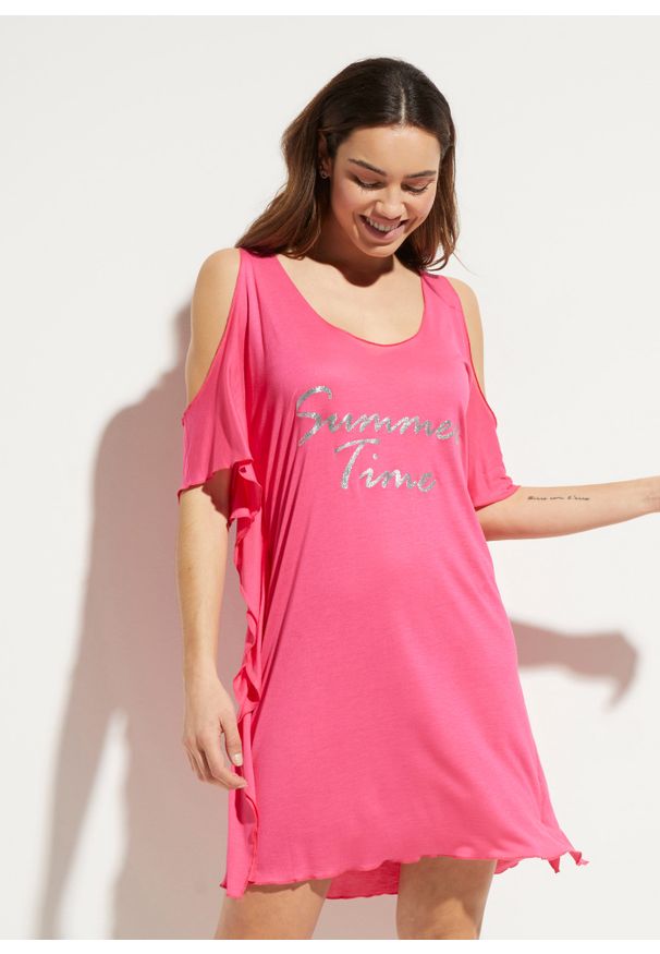 bonprix - Sukienka plażowa z wycięciami. Okazja: na plażę. Kolor: różowy. Wzór: nadruk. Styl: elegancki