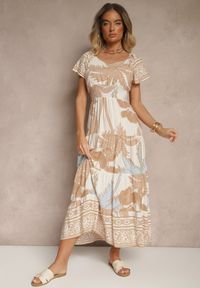 Renee - Jasnobeżowa Sukienka Rozkloszowana z Wiskozy w Boho Wzór Elliseira. Okazja: na co dzień, na imprezę. Kolor: beżowy. Materiał: wiskoza. Długość rękawa: krótki rękaw. Sezon: lato. Typ sukienki: proste. Styl: boho #3