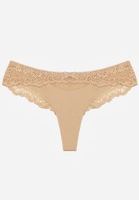 Born2be - Beżowe Majtki Typu Stringi z Koronką Nedareanes. Kolor: beżowy. Materiał: koronka. Wzór: koronka #1