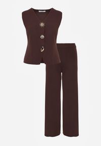 Born2be - Brązowy Komplet z Wiskozą Kamizelka z Ozdobami 3D i Szerokie Spodnie Eleti. Kolor: brązowy. Materiał: wiskoza. Wzór: aplikacja #7