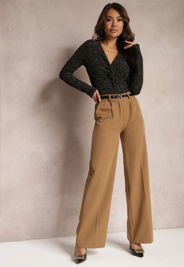 Renee - Jasnobrązowe Szerokie Spodnie High Waist z Gumką w Pasie Eternel. Okazja: na spotkanie biznesowe. Stan: podwyższony. Kolor: brązowy. Materiał: jedwab. Styl: biznesowy, elegancki