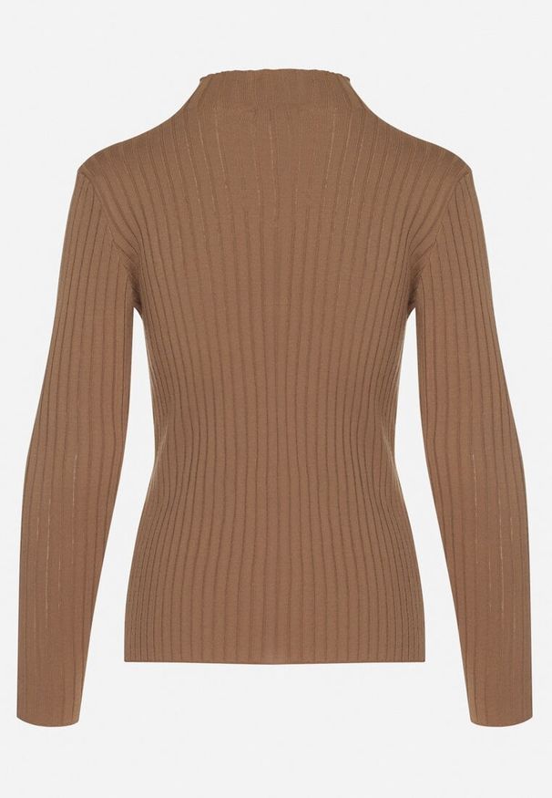 Born2be - Brązowy Sweter z Półgolfem Prążkowany Kikida. Okazja: na co dzień. Kolor: brązowy. Materiał: prążkowany. Długość rękawa: długi rękaw. Długość: długie. Styl: elegancki, casual