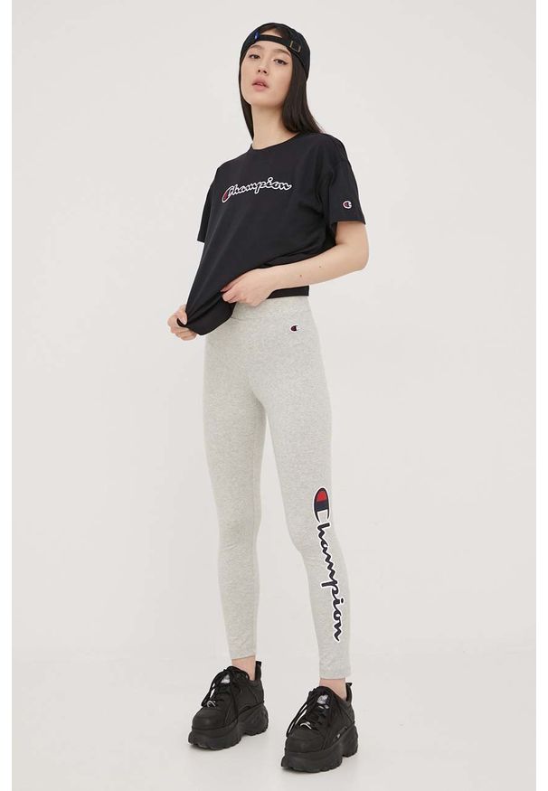 Champion legginsy damskie kolor szary z nadrukiem. Kolor: szary. Materiał: dzianina. Wzór: nadruk