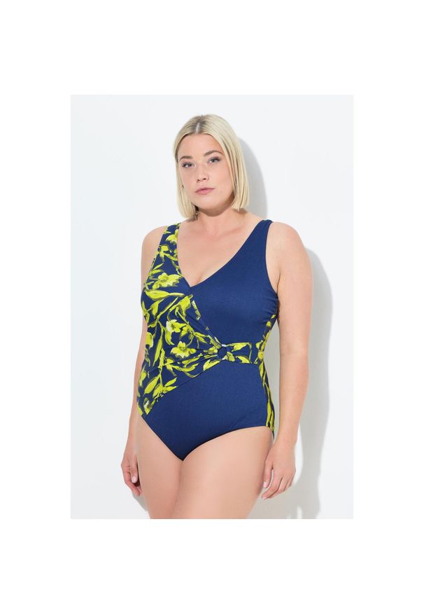 ULLA POPKEN - Damskie Strój kąpielowy w kopertowym stylu miękkie miseczki dekolt w serek. Kolekcja: plus size. Kolor: niebieski. Materiał: poliester, poliamid, materiał, elastan