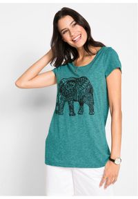 bonprix - T-shirt bawełniany z nadrukiem z przodu, krótki rękaw. Kolor: niebieski. Materiał: bawełna. Długość rękawa: krótki rękaw. Długość: krótkie. Wzór: nadruk #1