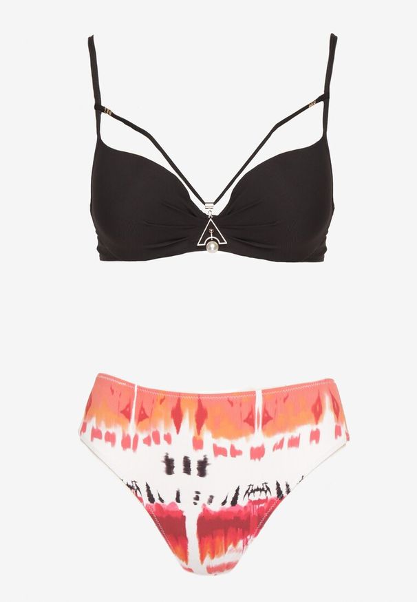 Renee - Czarne Bikini Majtki Figi i Biustonosz Push-Up Ozdobiony Paskami Wiobella. Kolor: czarny. Wzór: aplikacja