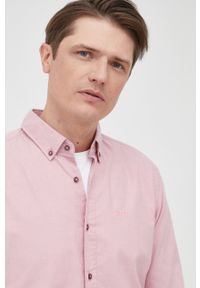 BOSS koszula bawełniana męska kolor różowy slim z kołnierzykiem button-down. Typ kołnierza: button down. Kolor: różowy. Materiał: bawełna
