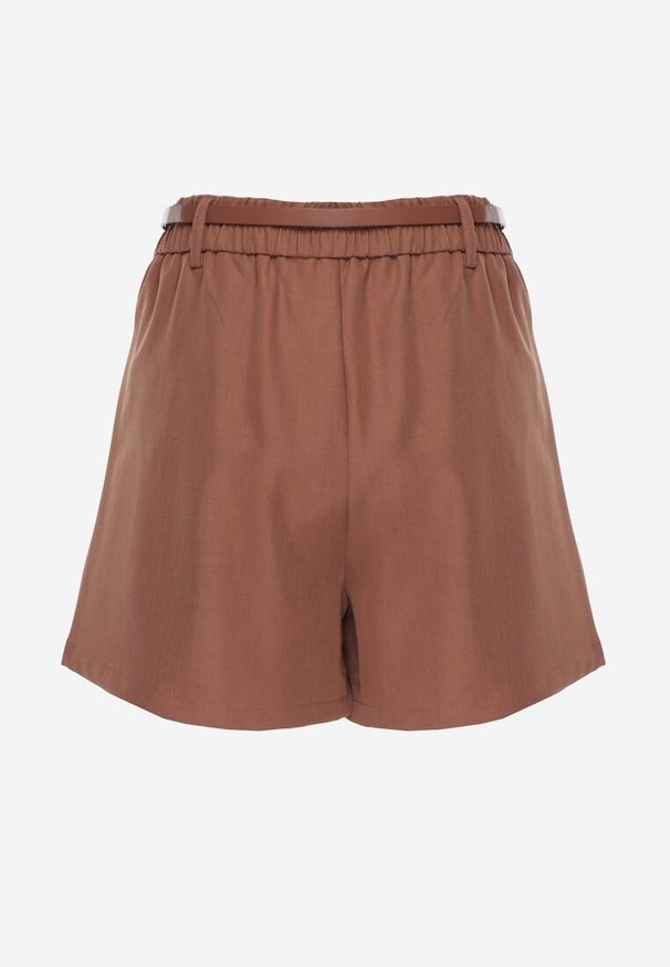 Renee - Brązowe Spódnico-Szorty High Waist Ozdobione Metaliczną Aplikacją i Paskiem Retness. Okazja: na co dzień. Stan: podwyższony. Kolor: brązowy. Wzór: aplikacja. Styl: casual