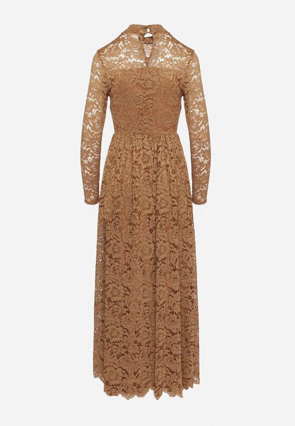 Born2be - Beżowa Rozkloszowana Sukienka z Koronki ze Stójką i Gumką w Talii Delaviae. Okazja: na co dzień, na imprezę. Typ kołnierza: kołnierzyk stójkowy. Kolor: beżowy. Materiał: koronka. Wzór: koronka. Styl: casual, elegancki