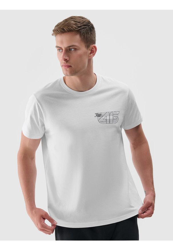 4f - 4F T-shirt regular z nadrukiem męski - biały M. Okazja: na co dzień. Kolor: biały. Materiał: dzianina, bawełna, jersey. Długość rękawa: krótki rękaw. Długość: krótkie. Wzór: nadruk. Styl: klasyczny, sportowy, casual