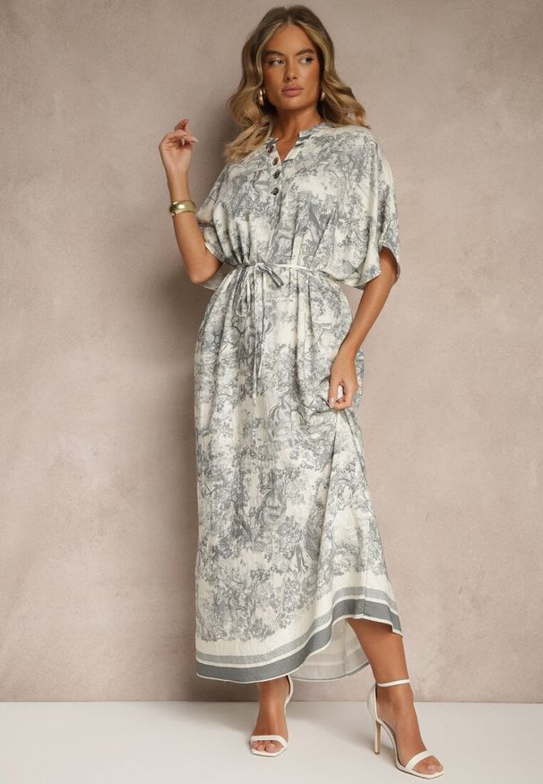 Renee - Szara Sukienka Oversize z Wiskozą i Abstrakcyjnym Motywem Lunisana. Okazja: na co dzień. Kolor: szary. Materiał: wiskoza. Typ sukienki: oversize. Styl: elegancki, casual