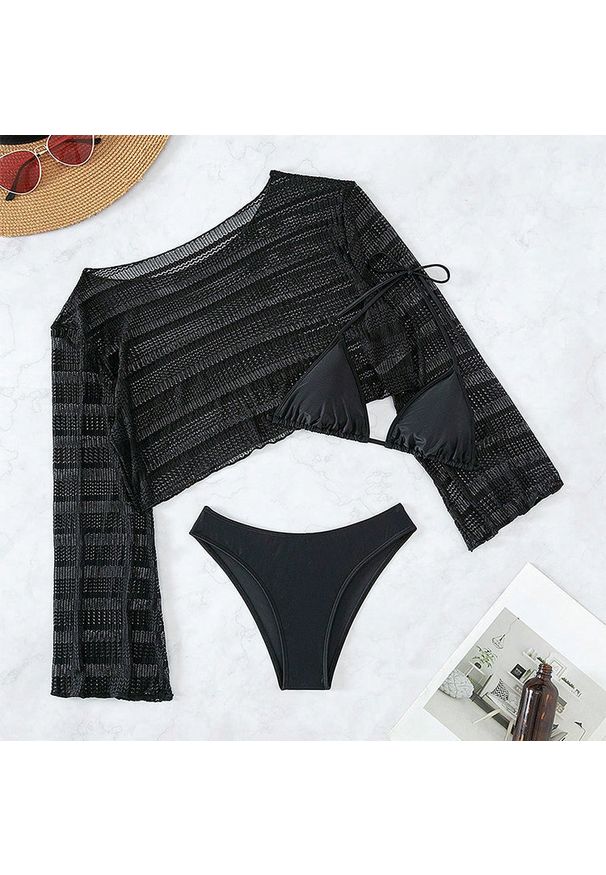 Intica - Komplet plażowy z ażurową narzutką i bikini na lato Tressa. Kolor: czarny. Materiał: materiał. Wzór: ażurowy