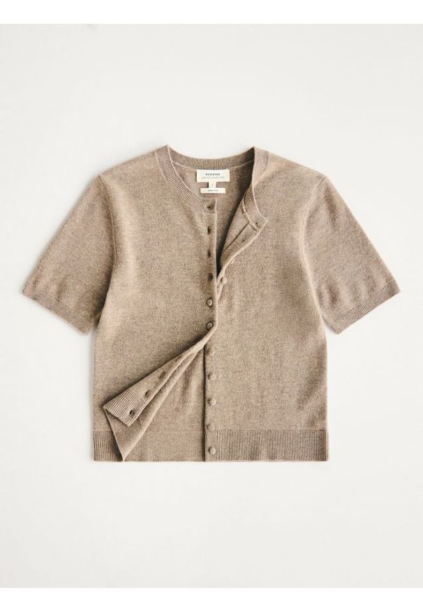 Reserved - Kardigan z wełny merino - brązowy. Kolor: brązowy. Materiał: wełna