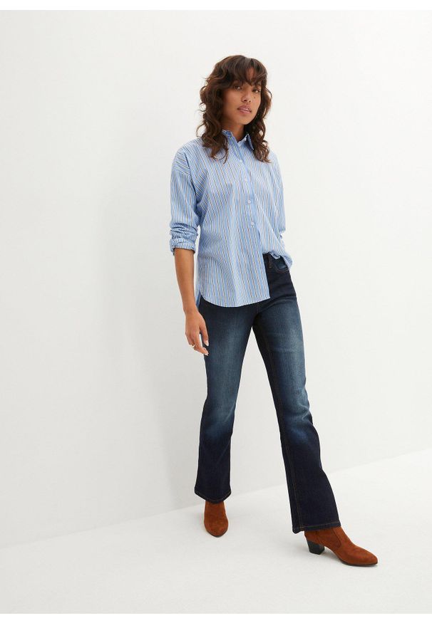 bonprix - Dżinsy ze stretchem o kroju bootcut, mid waist. Kolor: niebieski. Styl: klasyczny