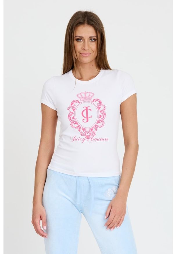 Juicy Couture - JUICY COUTURE Biały damski t-shirt Heritage Crest Fitted, Rozmiar S. Kolor: biały