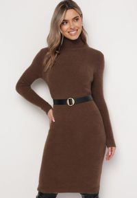 Born2be - Brązowa Sweterkowa Puchata Sukienka Midi z Wełny z Golfem Sebhat. Typ kołnierza: golf. Kolor: brązowy. Materiał: wełna. Długość: midi #2