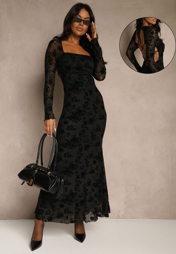 Renee - Czarna Sukienka VICES Bodycon z Siateczki Ozdobionej Wzorem w Kwiaty Rivita. Okazja: na studniówkę, na imprezę. Typ kołnierza: dekolt kwadratowy. Kolor: czarny. Wzór: aplikacja, kwiaty. Typ sukienki: bodycon. Styl: elegancki