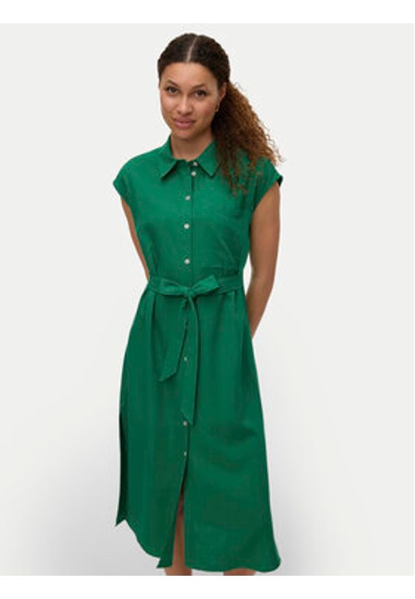 Vero Moda Sukienka koszulowa Mymilo 10282532 Zielony Regular Fit. Kolor: zielony. Materiał: len, wiskoza. Typ sukienki: koszulowe