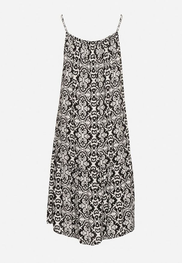 Born2be - Czarna Rozkloszowana Sukienka na Ramiączkach z Bawełny w Ornamentalny Wzór Valpio. Okazja: na spacer. Typ kołnierza: dekolt kwadratowy. Kolor: czarny. Materiał: bawełna. Długość rękawa: na ramiączkach