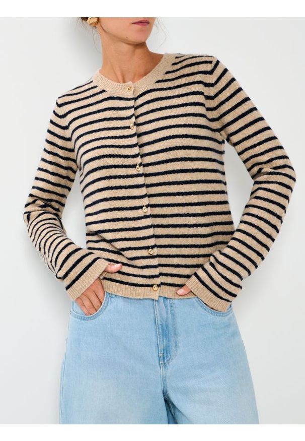 Sinsay - Rozpinany sweter w paski - beżowy. Kolor: beżowy. Wzór: paski