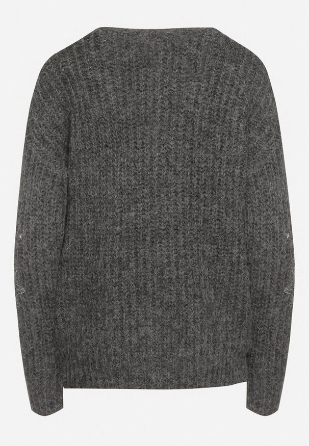 Born2be - Ciemnoszary Rozpinany Kardigan Ozdobiony Haftem Floralin. Okazja: na co dzień. Kolor: szary. Materiał: jeans, wełna. Wzór: aplikacja, haft. Styl: elegancki, casual