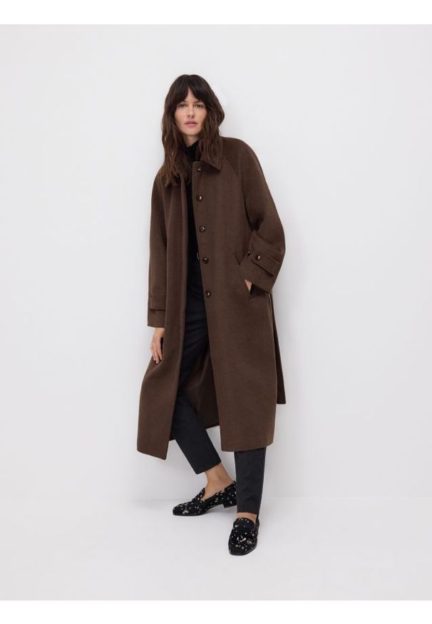 Reserved - Płaszcz z wełną - brązowy. Kolor: brązowy. Materiał: wełna