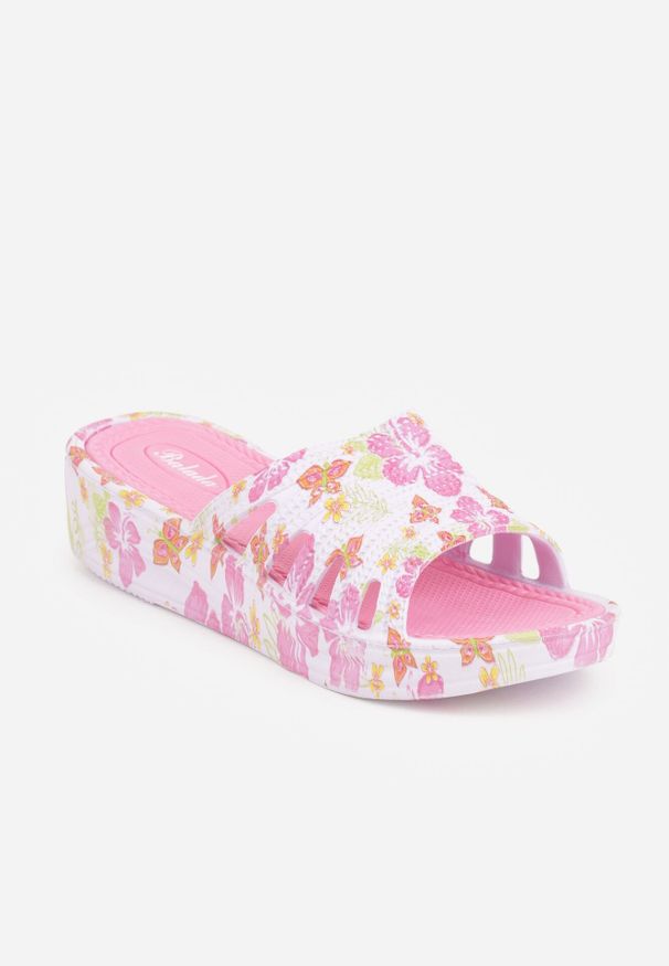 Born2be - Biało-Różowe Klapki Piankowe Basenowe na Grubej Podeszwie Mephistae. Okazja: na co dzień. Kolor: biały. Materiał: len, dresówka. Sezon: lato. Styl: wakacyjny, casual