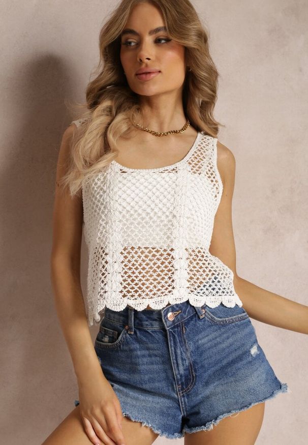Renee - Biała Bawełniana Bluzka Top w Szydełkowym Stylu Aphia. Kolor: biały. Materiał: bawełna. Długość rękawa: na ramiączkach