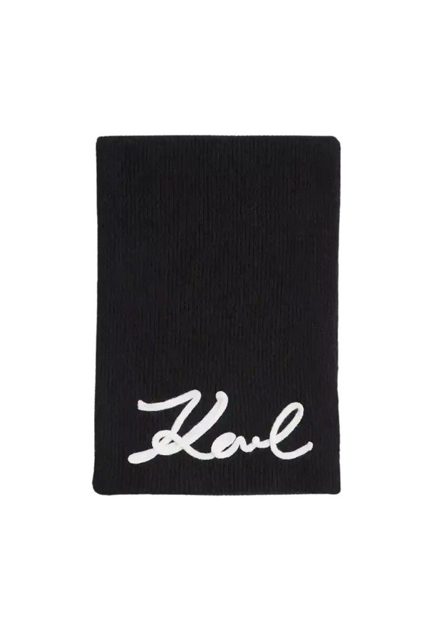 Karl Lagerfeld - KARL LAGERFELD Czarny szalik damski Logo Signature z domieszką wełny. Kolor: czarny. Materiał: wełna. Wzór: aplikacja. Sezon: zima. Styl: klasyczny