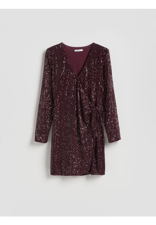 Reserved - Cekinowa sukienka mini - mahoniowy. Kolor: brązowy. Materiał: tkanina. Typ sukienki: proste. Długość: mini