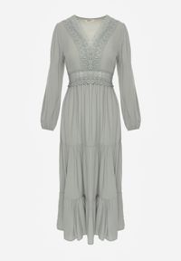 Born2be - Zielona Rozkloszowana Sukienka z Koronką Brightyn. Kolor: zielony. Materiał: koronka. Wzór: koronka. Długość: maxi #5