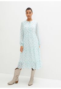 bonprix - Sukienka szyfonowa z plisą guzikową. Kolor: niebieski. Materiał: szyfon. Wzór: nadruk #1