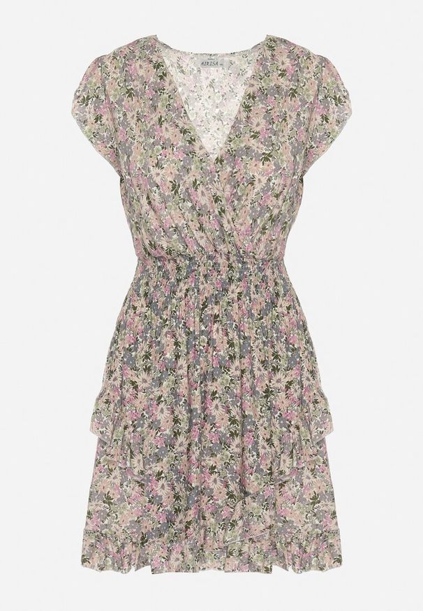 Born2be - Szaro-Różowa Bawełniana Sukienka z Gumką w Pasie w Kwiatowy Wzór Pledoria. Kolor: szary. Materiał: bawełna. Wzór: kwiaty