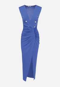 Born2be - Niebieska Sukienka Koktajlowa z Kopertowym Dekoltem Marszczeniem i Guzikami Tdivane. Kolor: niebieski. Typ sukienki: kopertowe. Styl: wizytowy #2