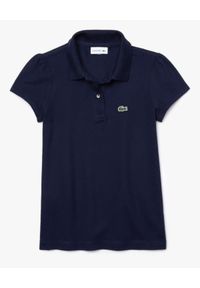 Lacoste - LACOSTE - Granatowa koszulka polo z wyhaftowanym logo. Typ kołnierza: polo. Kolor: niebieski. Materiał: bawełna, prążkowany. Wzór: haft. Styl: elegancki