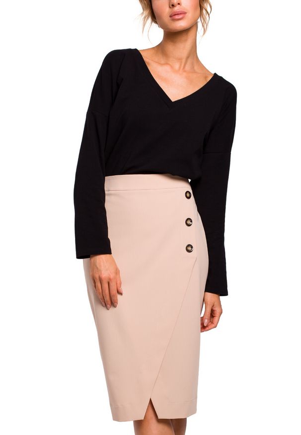 MOE - Elegancka ołówkowa spódnica z ozdobnymi guzikami. Materiał: materiał, elastan. Wzór: aplikacja. Styl: elegancki