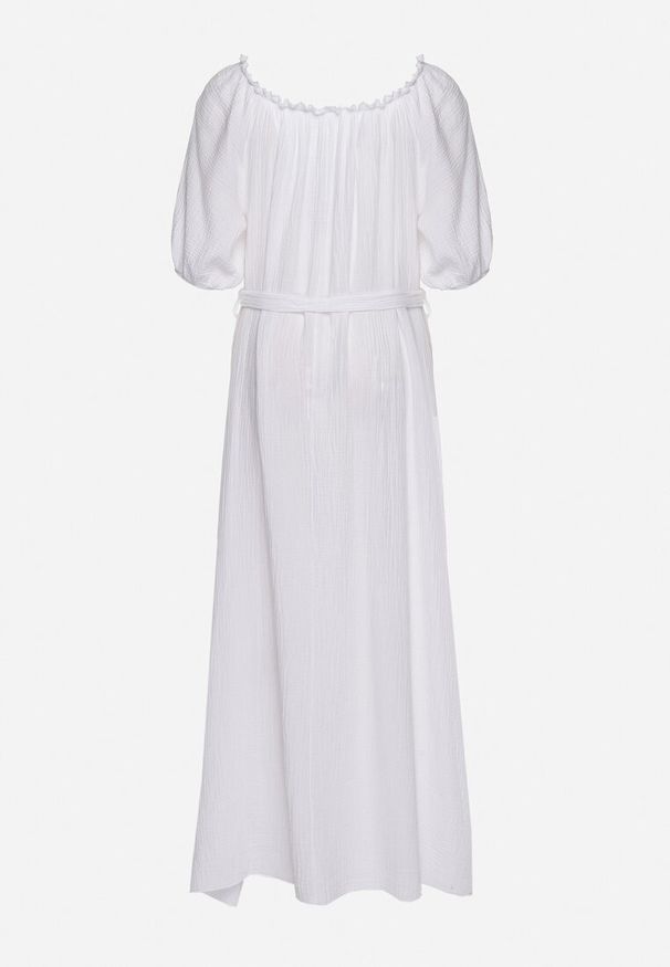 Born2be - Biała Trapezowa Muślinowa Sukienka z Bawełny z Paskiem i Gumką w Talii Vimarinn. Okazja: na co dzień. Typ kołnierza: dekolt hiszpanka. Kolor: biały. Materiał: bawełna. Typ sukienki: trapezowe. Styl: casual