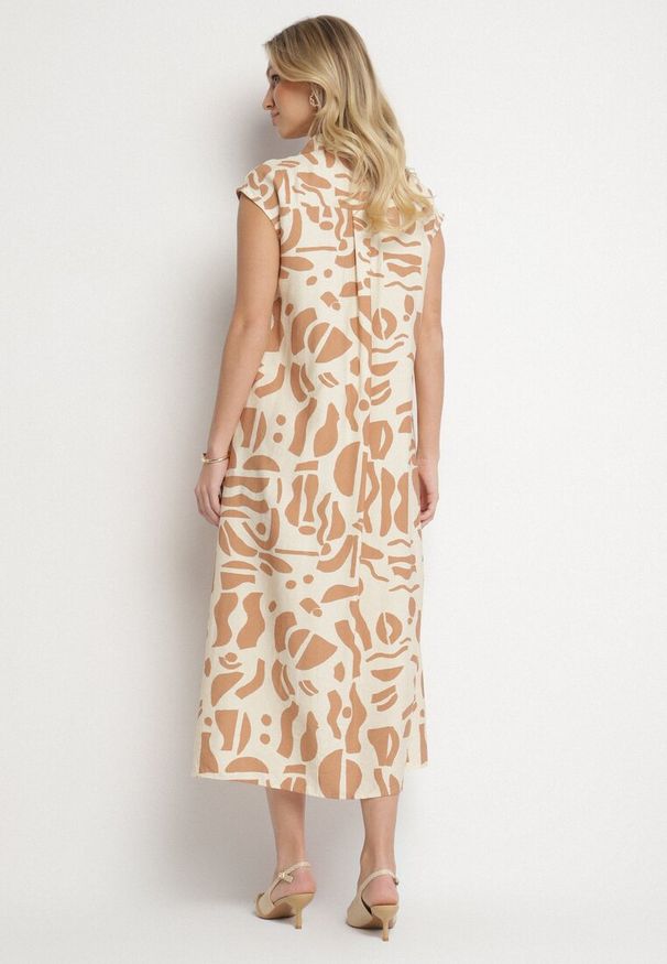 Born2be - Beżowa Sukienka o Koszulowym Kroju w Geometryczny Wzór Saranea. Okazja: na co dzień, na spotkanie biznesowe. Typ kołnierza: dekolt w serek. Kolor: beżowy. Długość rękawa: krótki rękaw. Wzór: geometria. Sezon: wiosna, lato. Typ sukienki: koszulowe. Styl: biznesowy, casual