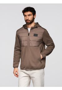 Ombre Clothing - Lekka męska kurtka z łączonych materiałów z kapturem i ozdobnym pikowaniem – jasnobrązowa V2 - Rozmiar: L. Okazja: na co dzień. Typ kołnierza: kaptur. Kolor: brązowy. Materiał: materiał. Wzór: aplikacja. Styl: casual