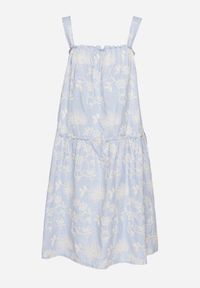 Born2be - Niebieska Bawełniana Sukienka w Kwiaty Ozdobiona Marszczeniem Lilinoa. Okazja: na spacer, na co dzień. Kolor: niebieski. Materiał: bawełna. Długość rękawa: na ramiączkach. Wzór: aplikacja, kwiaty. Sezon: lato. Typ sukienki: proste. Styl: casual, elegancki #3