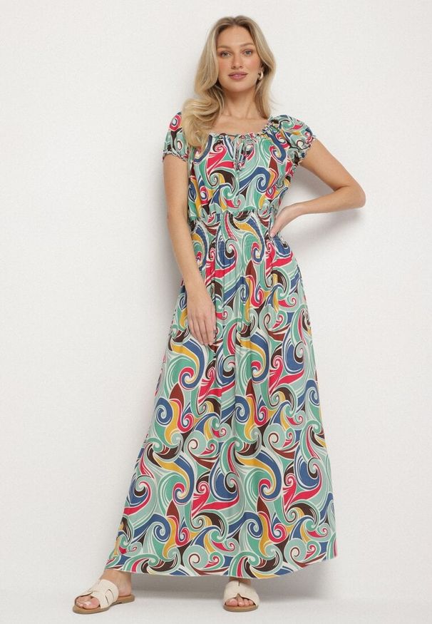 Born2be - Jasnozielona Bawełniana Sukienka z Abstrakcyjnym Wzorem i Gumką w Pasie Orralisa. Okazja: na co dzień. Kolor: zielony. Materiał: bawełna. Typ sukienki: rozkloszowane, proste. Styl: klasyczny, casual, elegancki