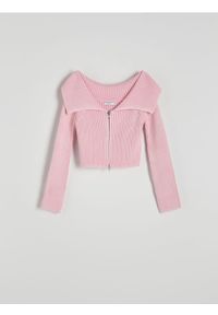 Reserved - Krótki sweter z kołnierzem - pastelowy róż. Kolor: różowy. Materiał: dzianina, bawełna. Długość: krótkie