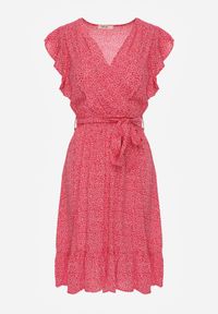 Renee - Czerwona Sukienka z Paskiem Mitho. Okazja: na co dzień. Kolor: czerwony. Materiał: wiskoza, materiał, tkanina. Wzór: kwiaty. Typ sukienki: kopertowe. Styl: casual. Długość: mini #2